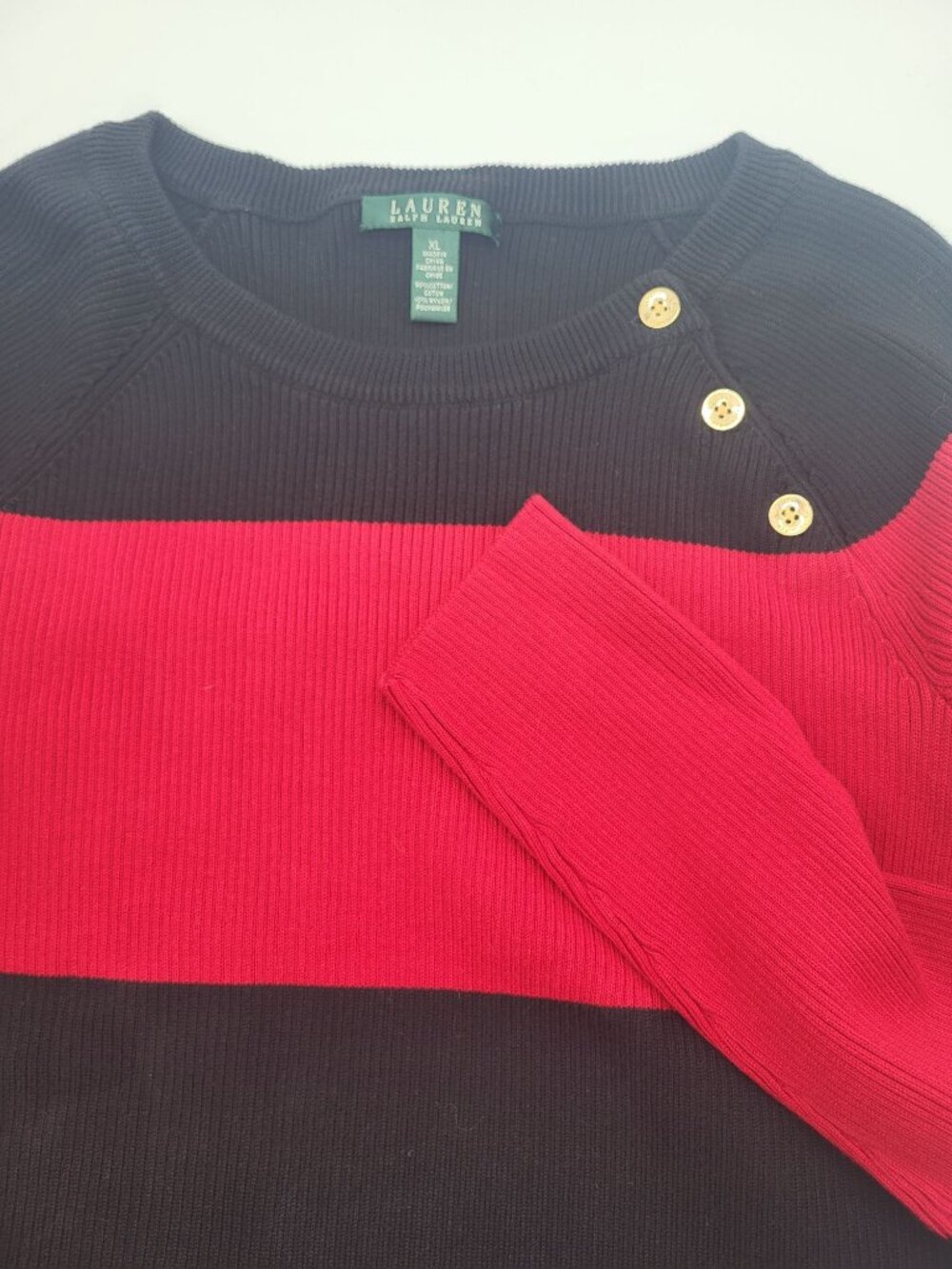 Lauren Ralph Lauren Womens XL Colorblock Black Red Sweater Gold Buttons Ribbed - Picture 7 of 7